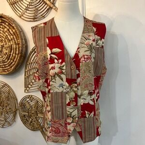 Vintage Patchwork Floral Linen Blend Vest Cottagecore Shabby Chic Tie Back L